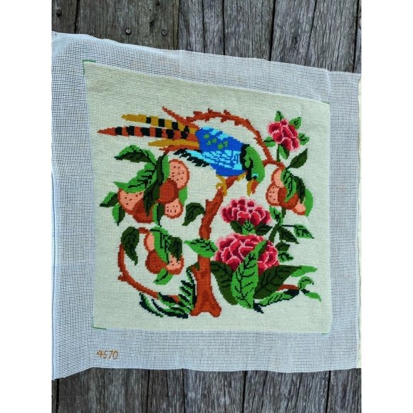 Vintage completed Needlepoint Picture Unframed Bird Flowers - Picture 3 of 11